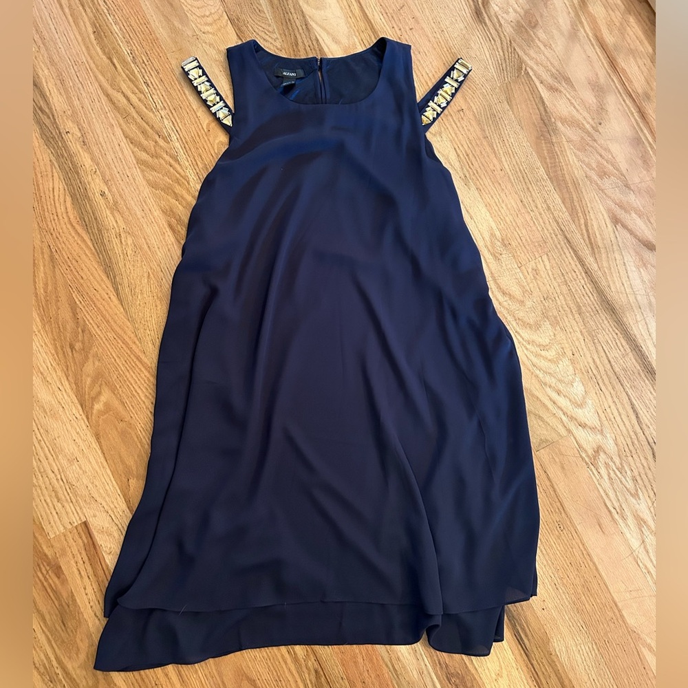 Alfani Drapey Navy Blue Dress with Rhinestone Shoulder Detail